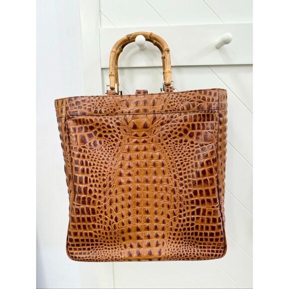 Eric Brand Brown Alligator Embossed Large Travel Tote Work Bag Bamboo Handle - Picture 2 of 12